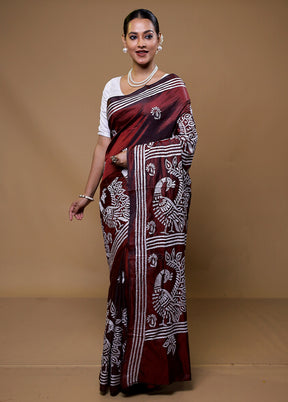 Maroon Kantha Stitch Silk Saree With Blouse Piece