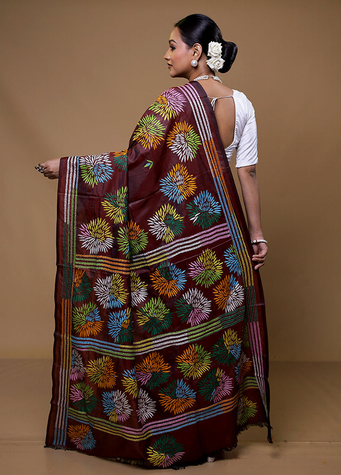 Maroon Kantha Stitch Silk Saree With Blouse Piece