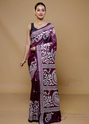 Purple Kantha Stitch Silk Saree With Blouse Piece