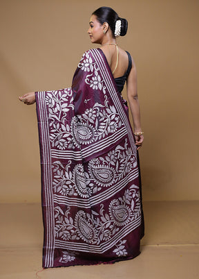 Purple Kantha Stitch Silk Saree With Blouse Piece