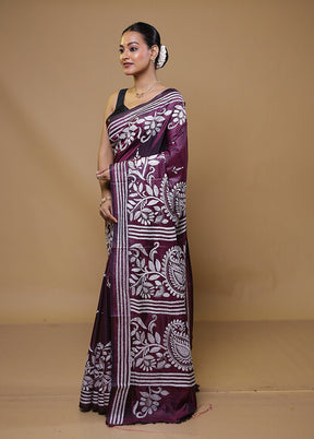 Purple Kantha Stitch Silk Saree With Blouse Piece