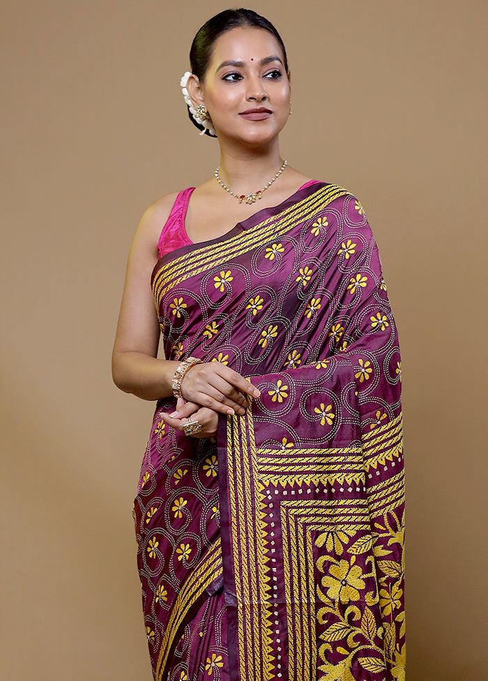 Purple Kantha Stitch Silk Saree With Blouse Piece