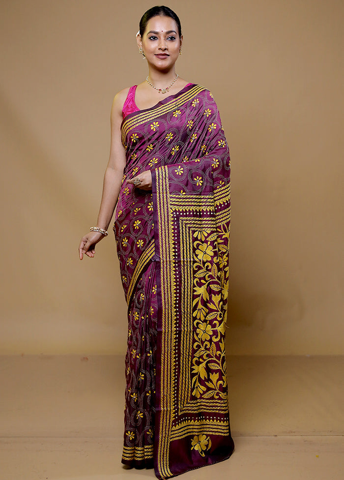 Purple Kantha Stitch Silk Saree With Blouse Piece