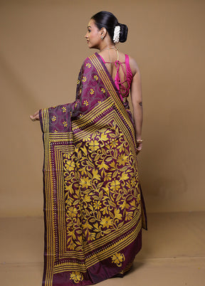 Purple Kantha Stitch Silk Saree With Blouse Piece