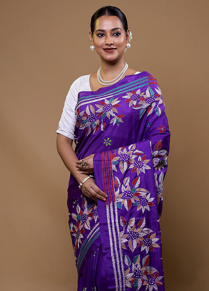 Purple Kantha Stitch Silk Saree With Blouse Piece