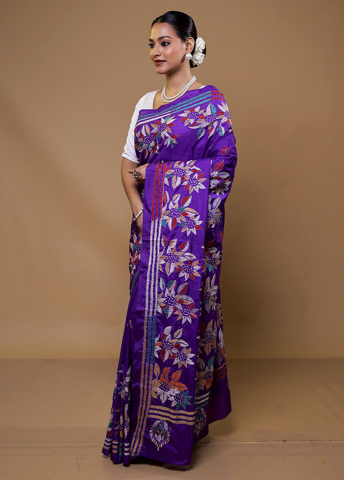 Purple Kantha Stitch Silk Saree With Blouse Piece