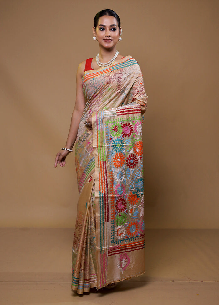 Cream Kantha Stitch Silk Saree With Blouse Piece