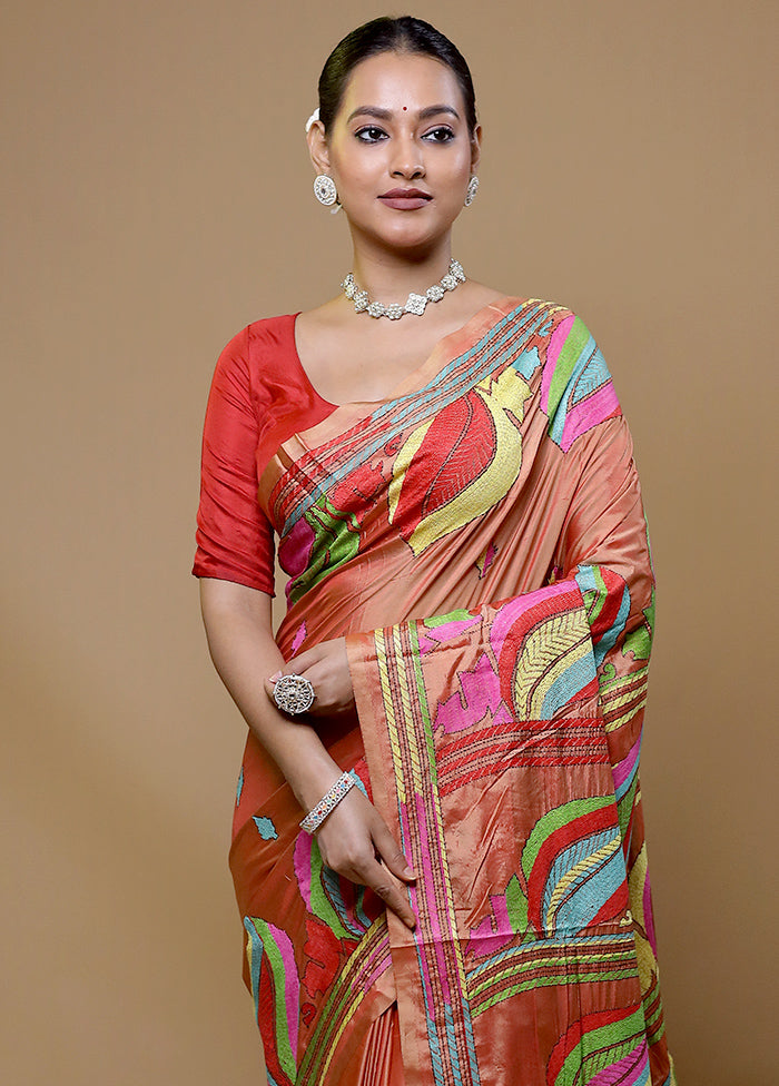 Rust Kantha Stitch Silk Saree With Blouse Piece