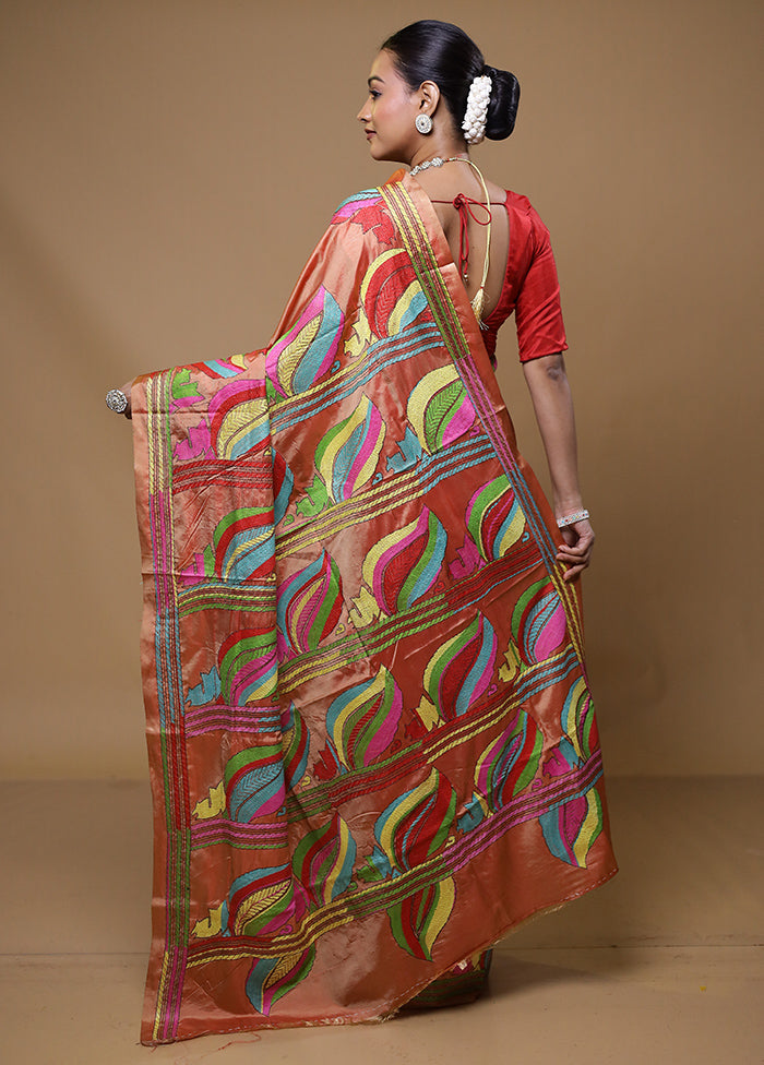 Rust Kantha Stitch Silk Saree With Blouse Piece