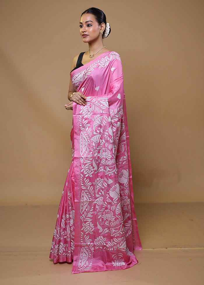 Pink Kantha Stitch Silk Saree With Blouse Piece