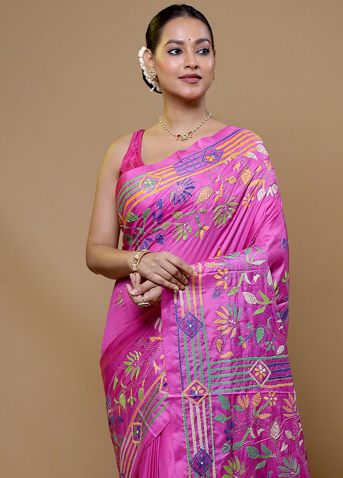 Pink Kantha Stitch Silk Saree With Blouse Piece