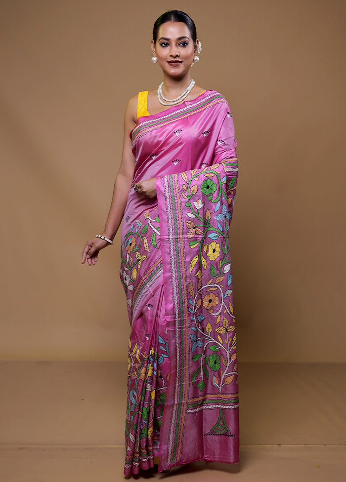 Purple Kantha Stitch Silk Saree With Blouse Piece