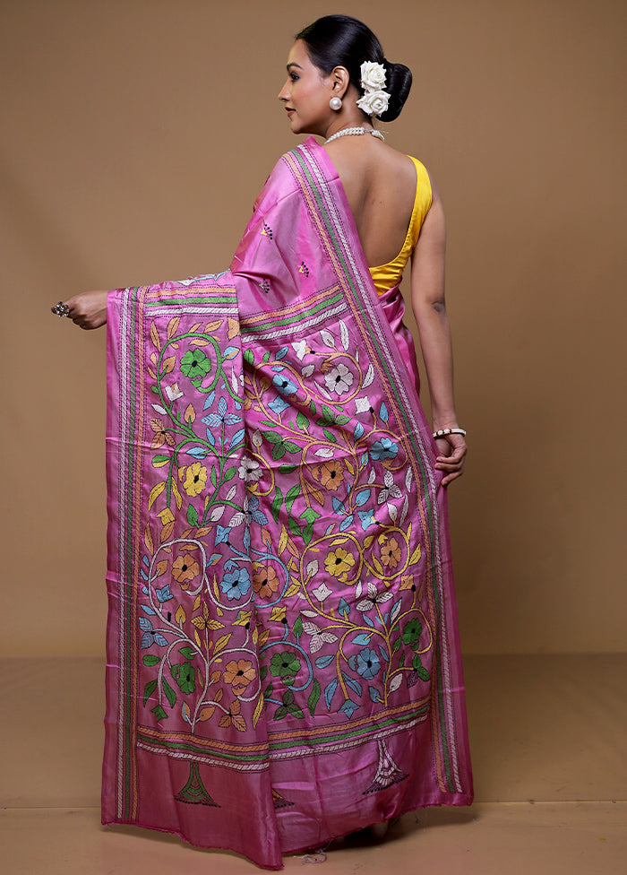 Purple Kantha Stitch Silk Saree With Blouse Piece