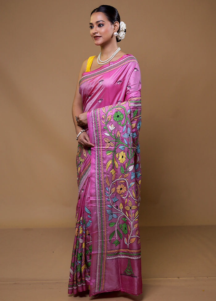 Purple Kantha Stitch Silk Saree With Blouse Piece