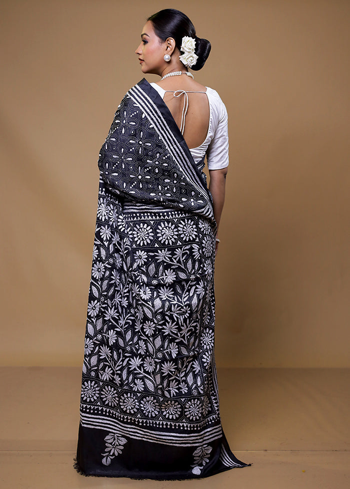 Black Kantha Stitch Silk Saree With Blouse Piece