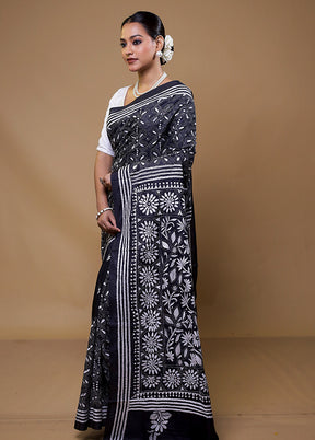 Black Kantha Stitch Silk Saree With Blouse Piece