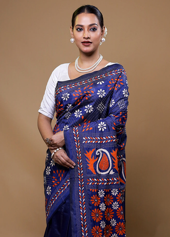 Blue Kantha Stitch Silk Saree With Blouse Piece