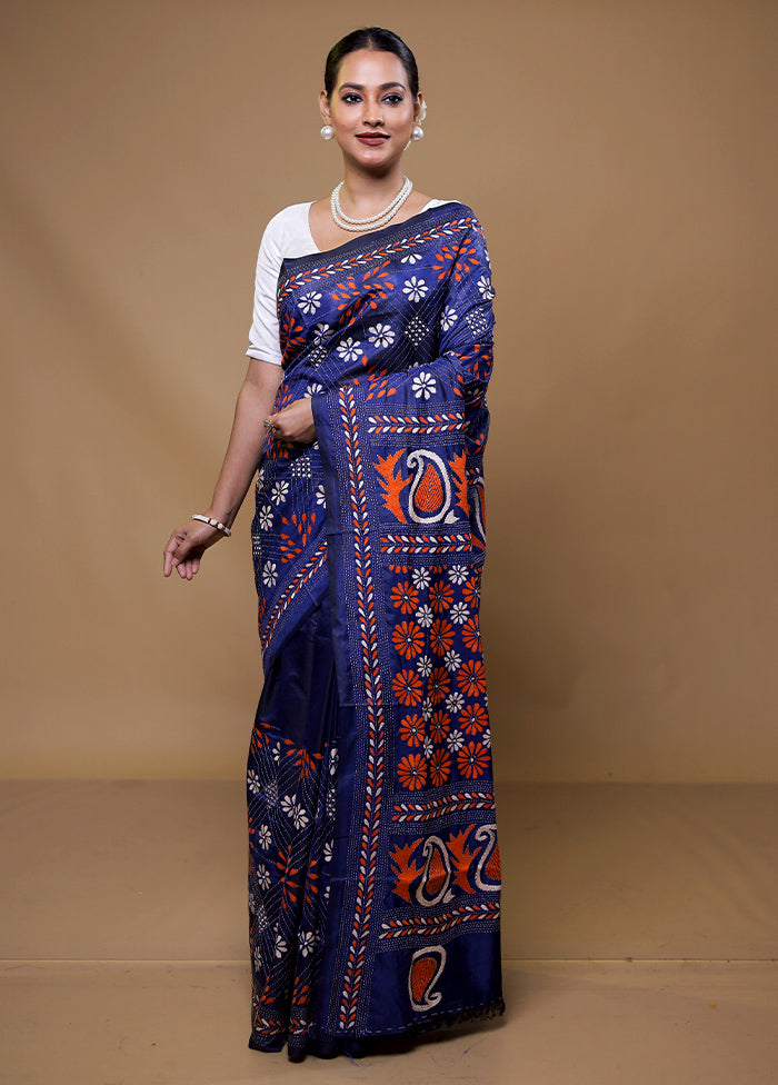 Blue Kantha Stitch Silk Saree With Blouse Piece