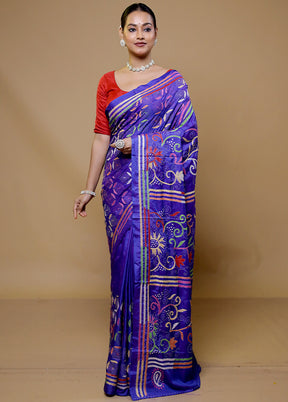 Purple Kantha Stitch Silk Saree With Blouse Piece