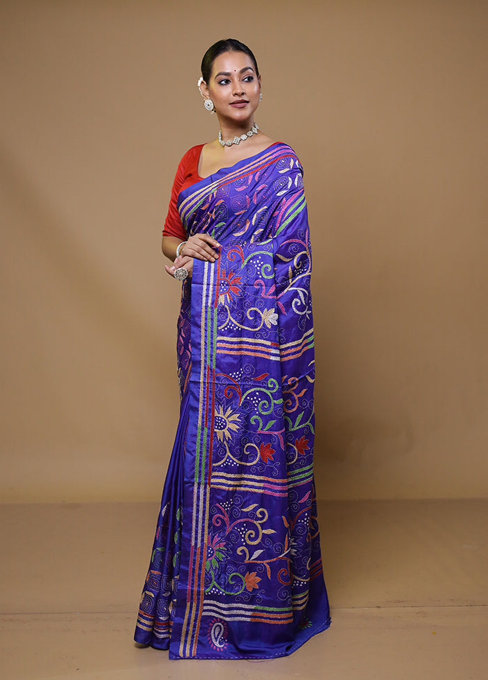 Purple Kantha Stitch Silk Saree With Blouse Piece