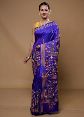 Blue Kantha Stitch Silk Saree With Blouse Piece