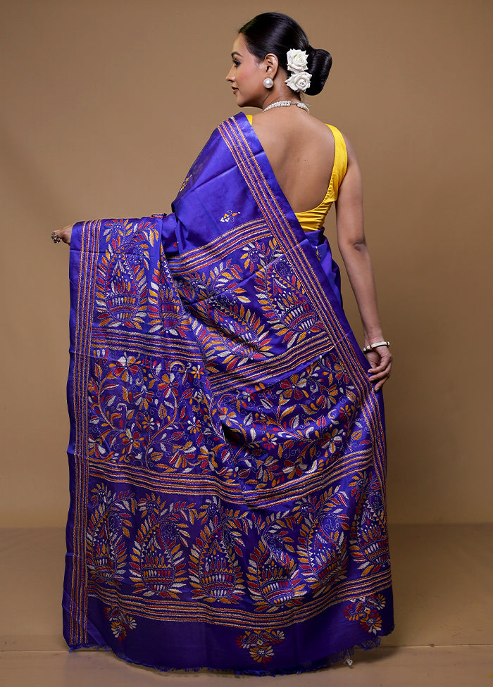 Blue Kantha Stitch Silk Saree With Blouse Piece