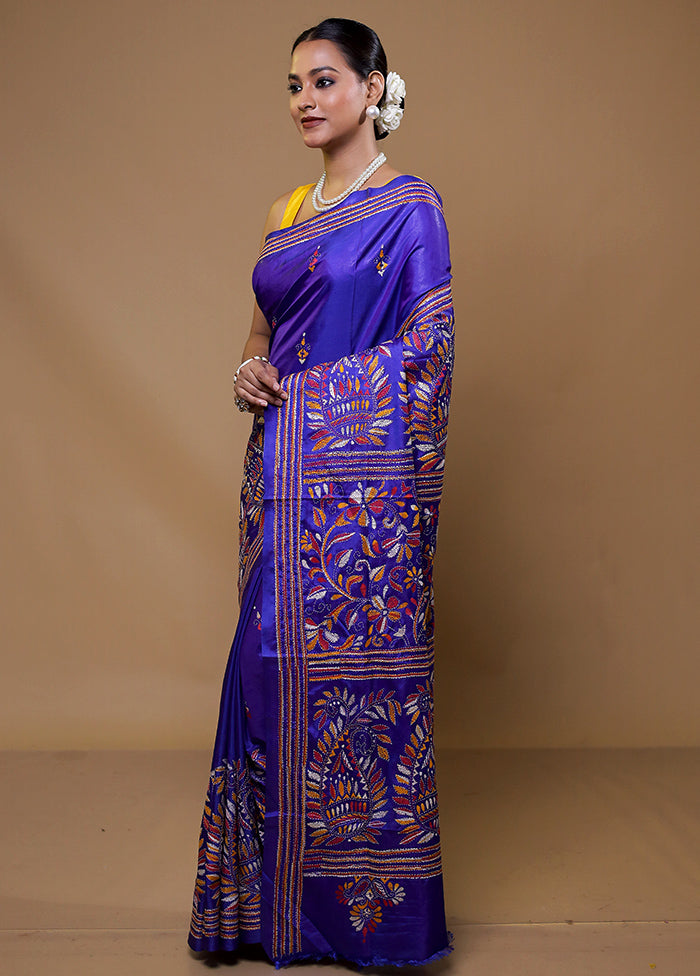 Blue Kantha Stitch Silk Saree With Blouse Piece