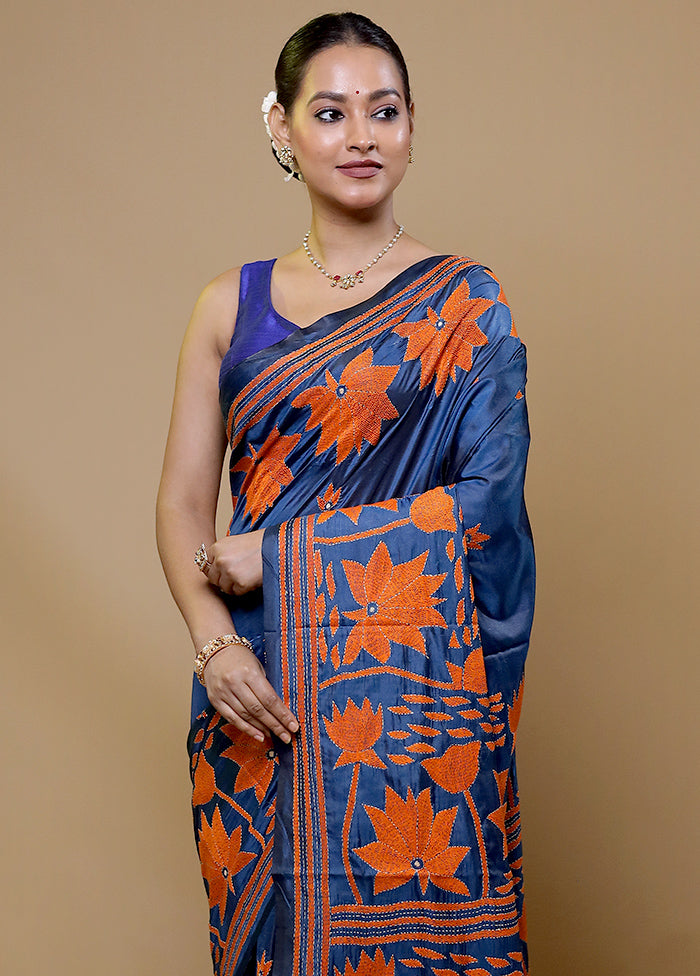 Blue Kantha Stitch Silk Saree With Blouse Piece