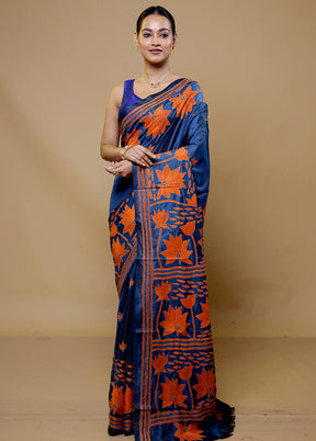 Blue Kantha Stitch Silk Saree With Blouse Piece