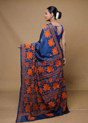 Blue Kantha Stitch Silk Saree With Blouse Piece