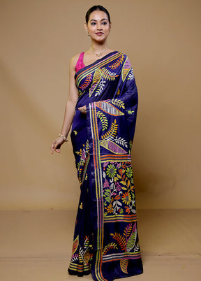 Blue Kantha Stitch Silk Saree With Blouse Piece