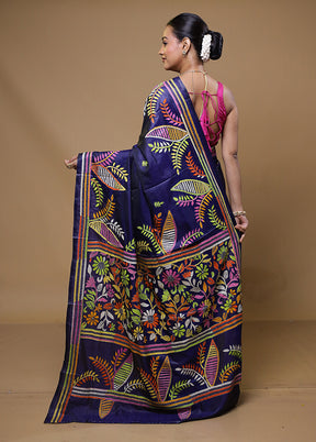 Blue Kantha Stitch Silk Saree With Blouse Piece