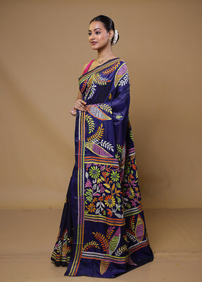 Blue Kantha Stitch Silk Saree With Blouse Piece