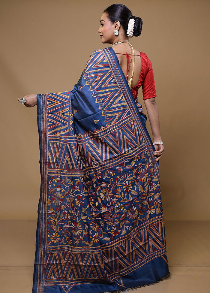 Blue Kantha Stitch Silk Saree With Blouse Piece