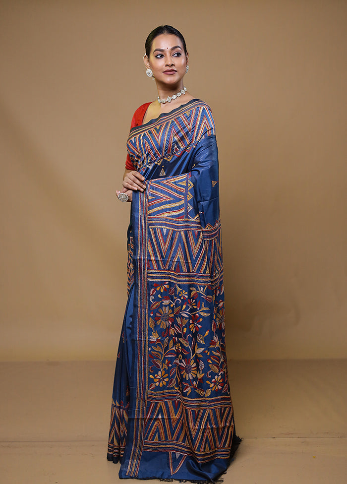 Blue Kantha Stitch Silk Saree With Blouse Piece