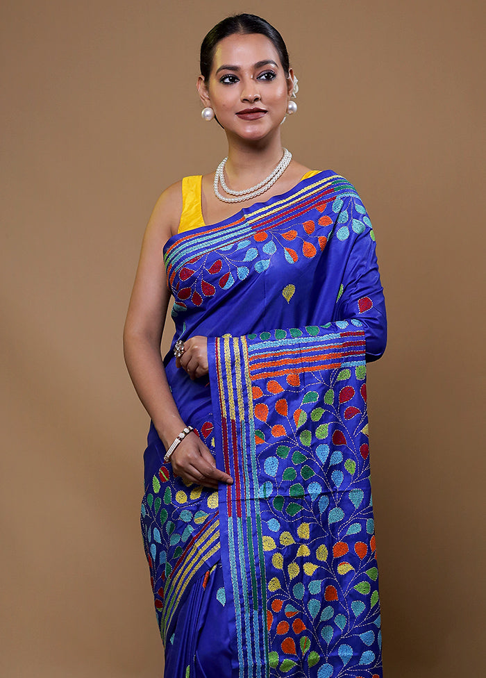 Blue Kantha Stitch Silk Saree With Blouse Piece