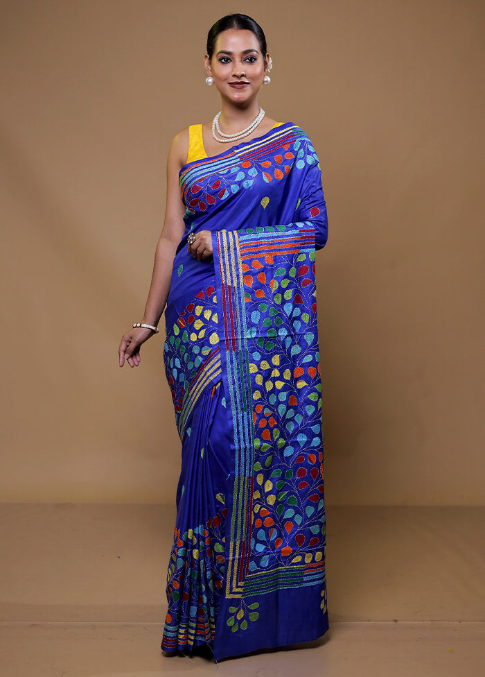 Blue Kantha Stitch Silk Saree With Blouse Piece