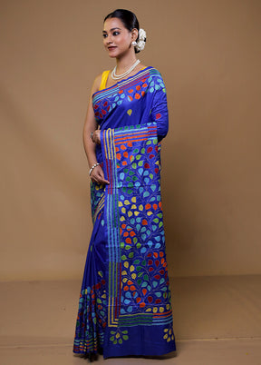 Blue Kantha Stitch Silk Saree With Blouse Piece