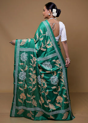 Green Kantha Stitch Silk Saree With Blouse Piece