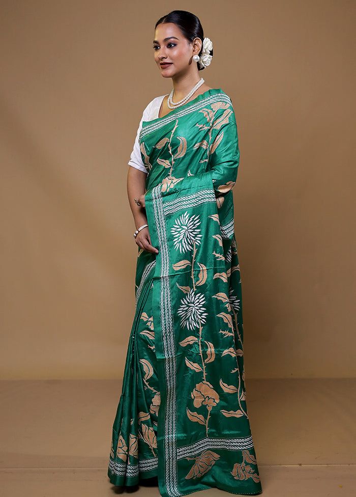 Green Kantha Stitch Silk Saree With Blouse Piece