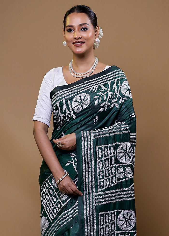 Green Kantha Stitch Silk Saree With Blouse Piece