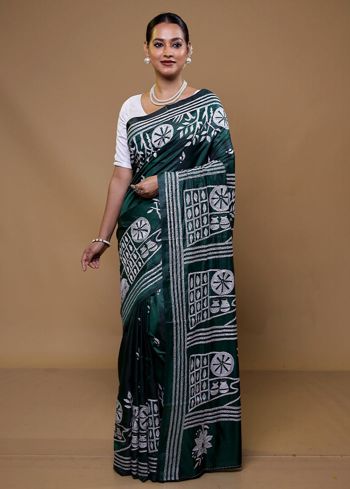 Green Kantha Stitch Silk Saree With Blouse Piece