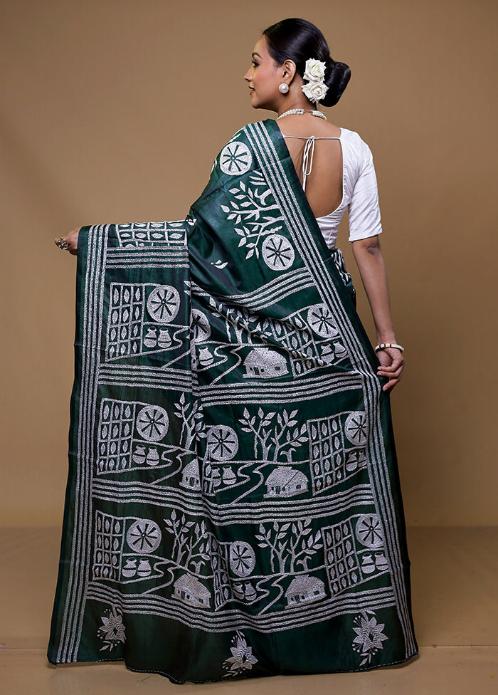 Green Kantha Stitch Silk Saree With Blouse Piece