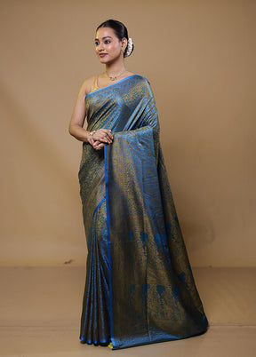 Blue Jamewar Silk Saree With Blouse Piece