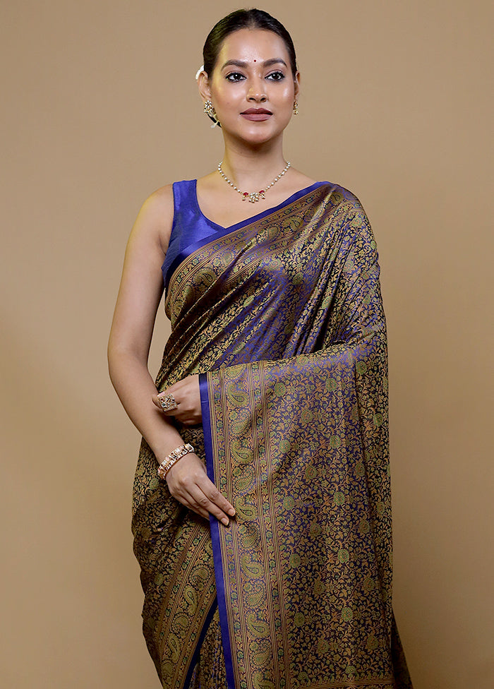 Blue Jamewar Silk Saree With Blouse Piece