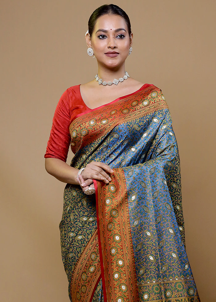 Blue Tanchoi Silk Saree With Blouse Piece