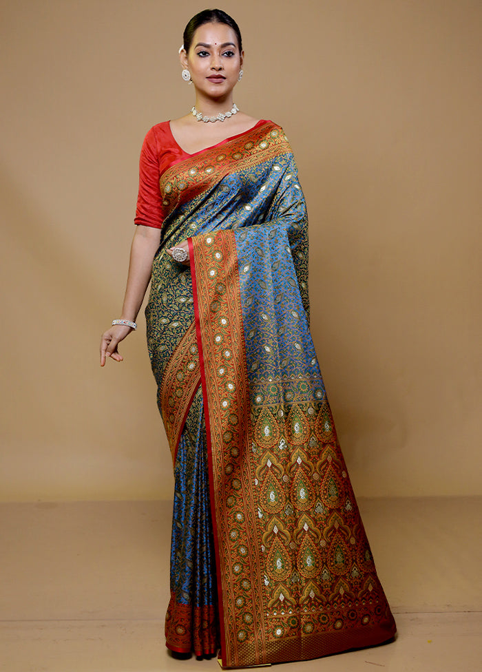 Blue Tanchoi Silk Saree With Blouse Piece