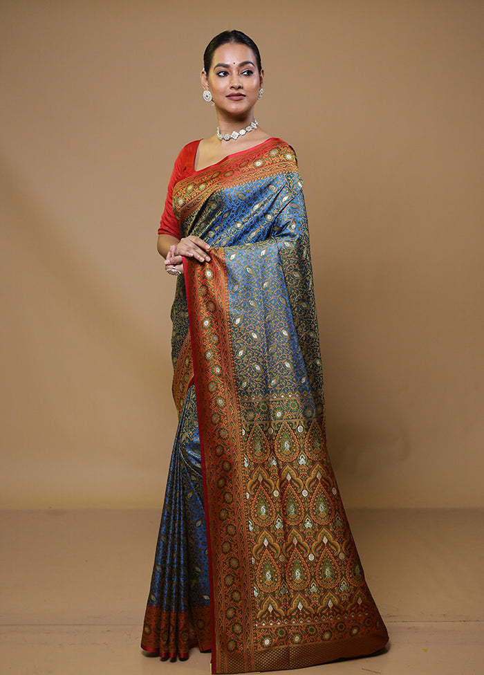 Blue Tanchoi Silk Saree With Blouse Piece