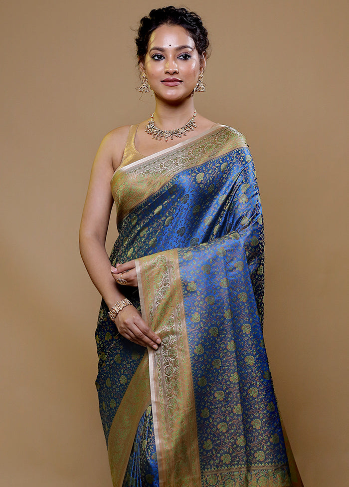 Blue Jamewar Silk Saree With Blouse Piece