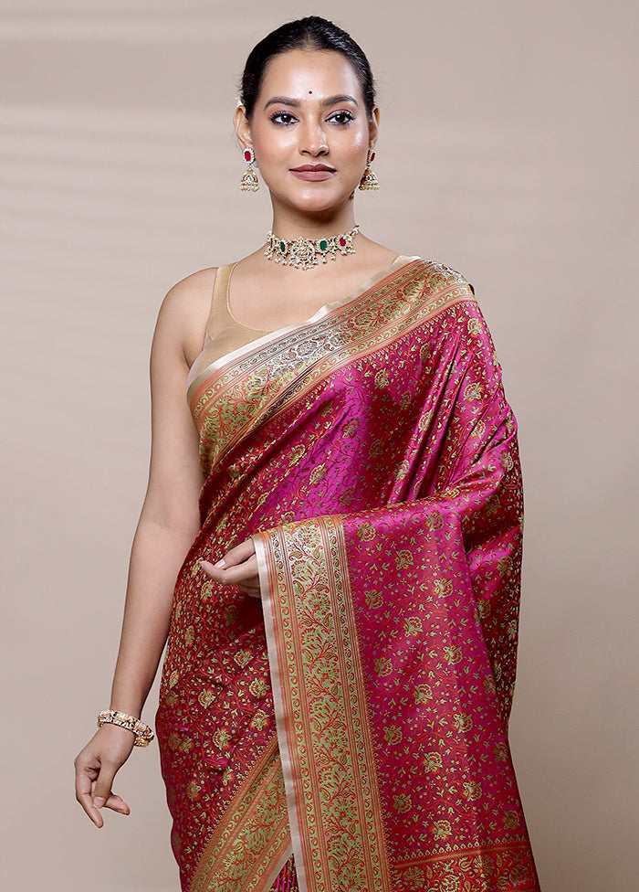 Pink Jamewar Silk Saree With Blouse Piece